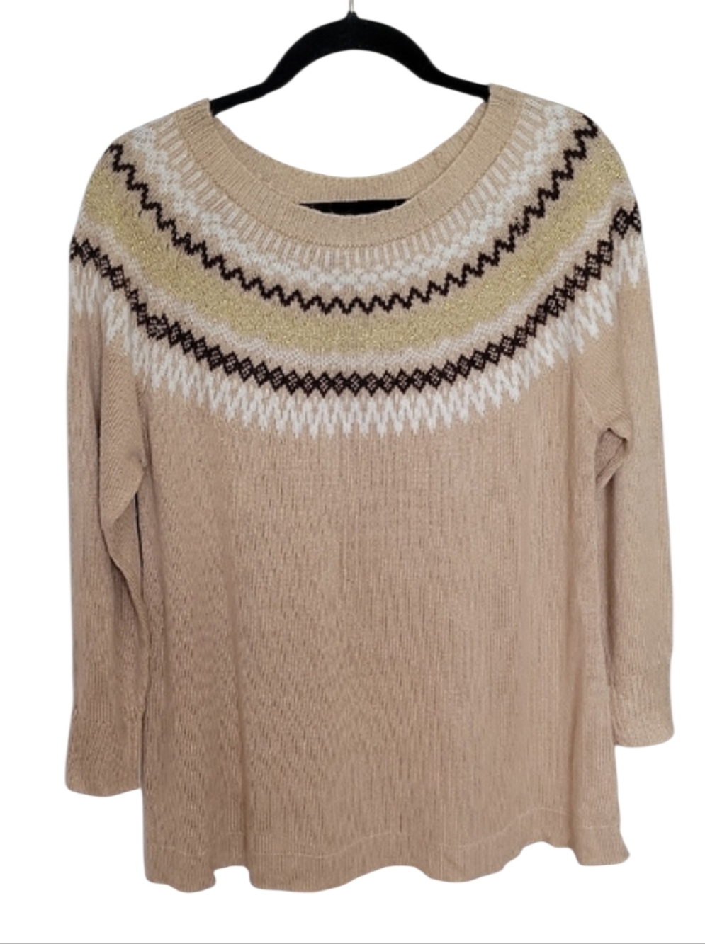 Roaman's Beige Scoop Neck Sweater with Fair Isle Yoke Size 12